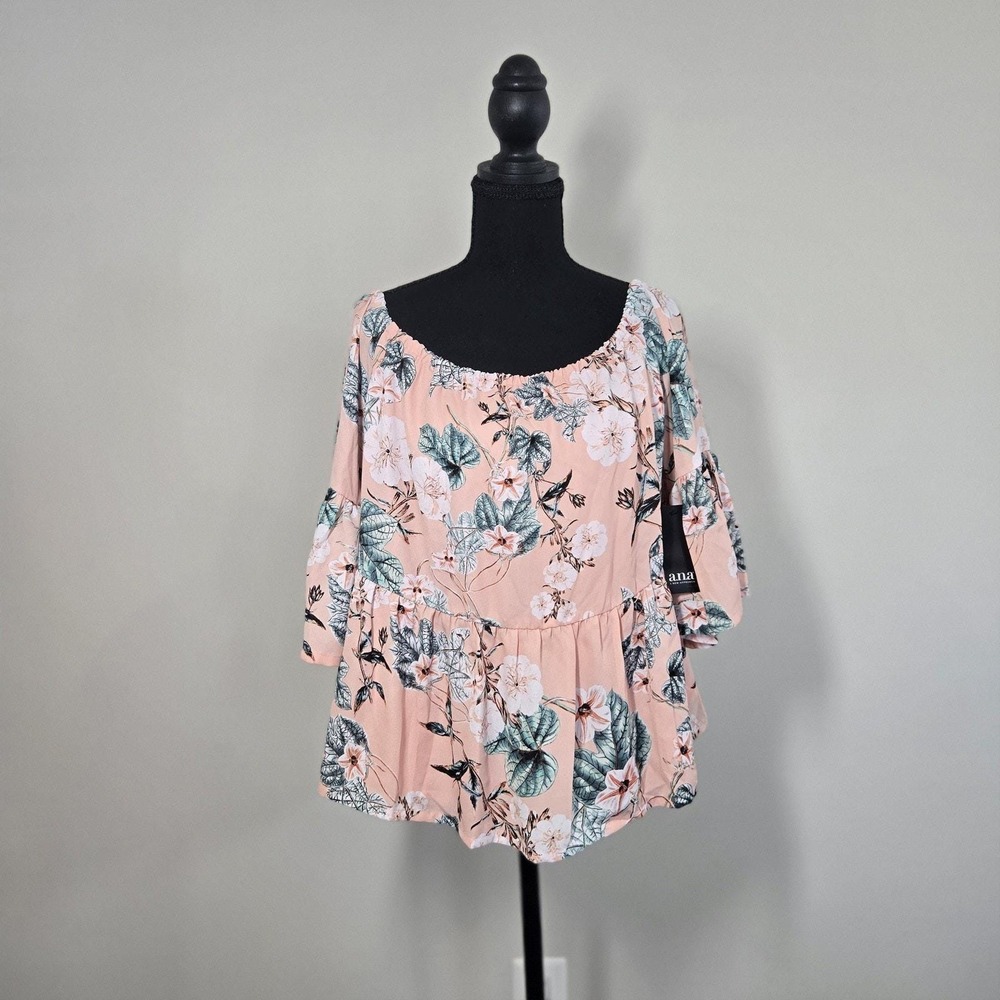 a.n.a Floral Peplum Blouse Womens Medium Pink NWT Tiered Bell Sleeve‎ (T6)